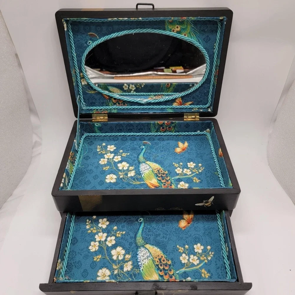 Vtg Wooden Jewelry Box Custom Hand Painted Black Gold Dragonfly Peacock